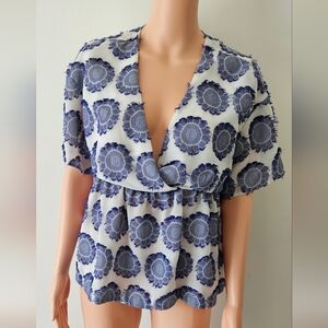 Maeve from anthropologie blue and white floral print deep v neck Blouse